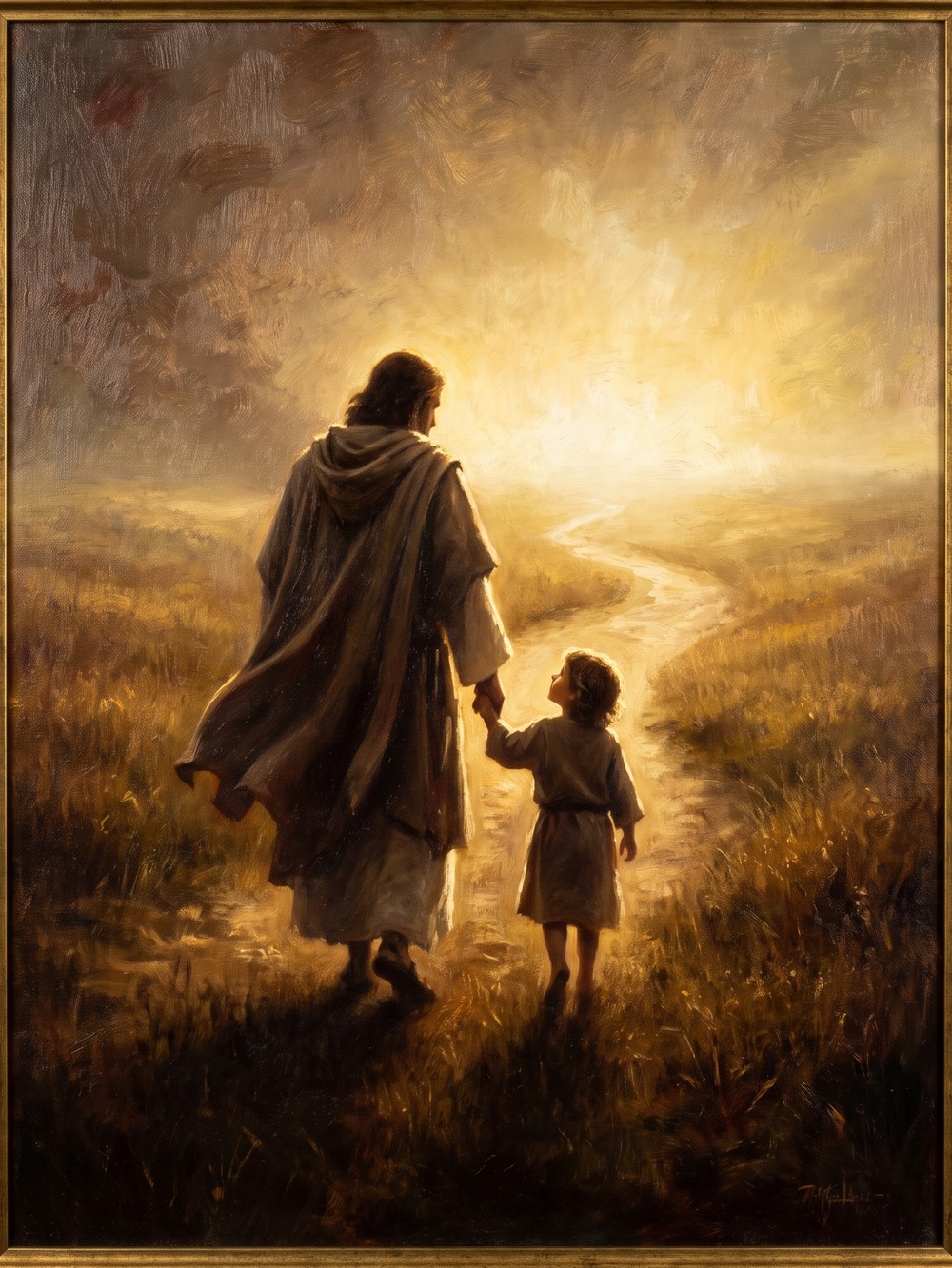 The Lord walking hand in hand with a child toward the holy light